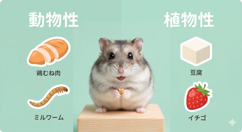 ハムスターの動物性タンパク質(ささみ・虫)と植物性タンパク質(豆腐)の違い