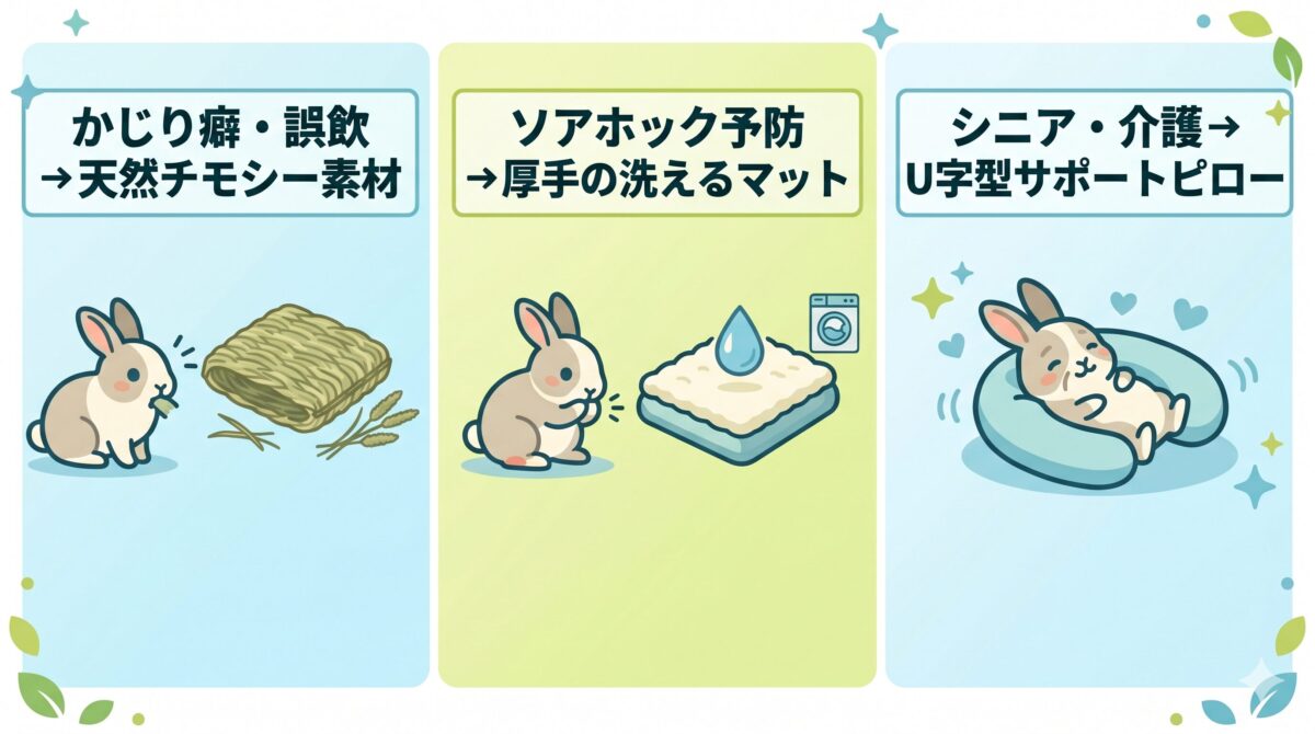 悩み別うさぎ用クッションの選び方。かじり癖、ソアホック予防、シニア介護向けの推奨素材一覧
