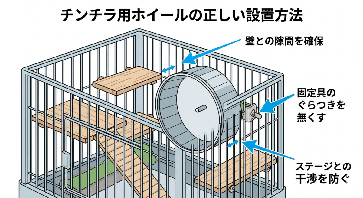 ケージ内への回し車正しい設置方法。壁との隙間確保、固定具のぐらつき防止、ステージ干渉対策の解説図