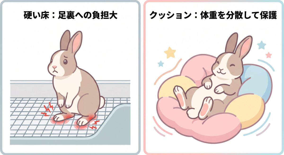 うさぎのソアホック対策図解。硬い床とクッション使用時の足裏にかかる体重分散の違い