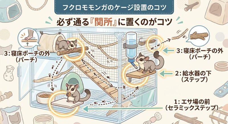フクロモモンガの爪とぎ効果を最大化するケージ内レイアウト図。給水器とエサ皿の前に爪とぎを配置する黄金の導線。
