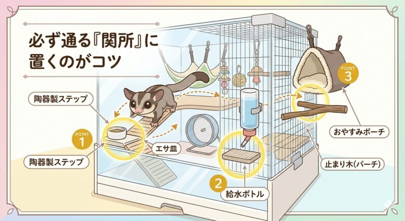 フクロモモンガの爪とぎステップとパーチの使い分け比較図。エサ場にはステップ型、移動導線にはパーチ型が最適。