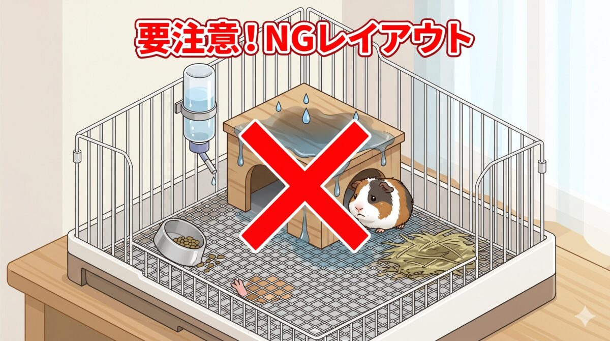 モルモットケージのNGレイアウト例(足を痛める金網すのこと、水が垂れて不衛生な給水ボトルの配置)