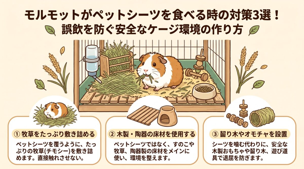 モルモットがペットシーツを食べる時の対策3選!誤飲を防ぐ安全なケージ環境の作り方