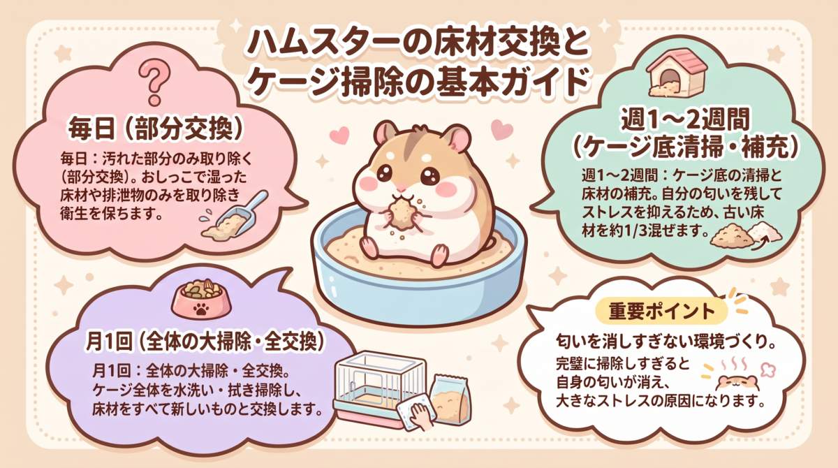 ハムスターの床材とトイレ砂の交換頻度の目安をまとめた表