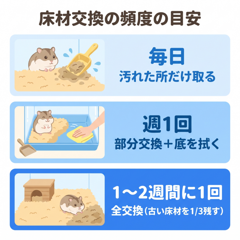 ハムスターの床材交換の頻度の目安。毎日は汚れた所だけ取る、週1回は部分交換と底拭き、1〜2週間に1回は古い床材を3分の1残して全交換
