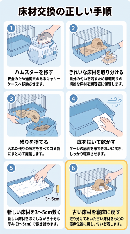 ハムスターの床材を全交換する6つの手順。ハムスターを移す、きれいな床材を取り分ける、残りを捨てる、底を拭いて乾かす、新しい床材を3〜5cm敷く、古い床材を寝床に戻す