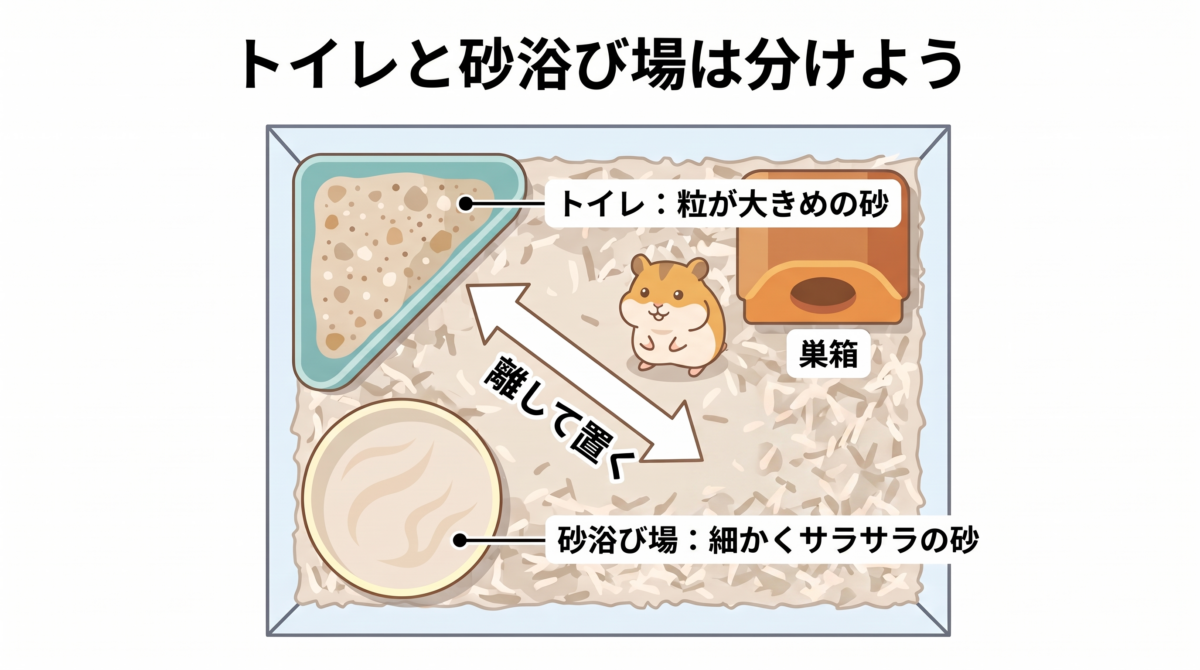 ケージ内でトイレと砂浴び場を分けて配置した見取り図。トイレは奥の隅、砂浴び場は離れた場所