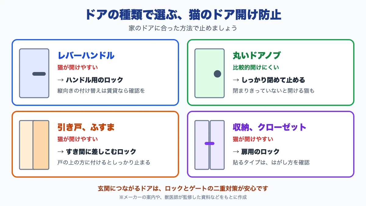 猫のドア開け防止の対策を、レバーハンドルはロック、丸いドアノブはしっかり閉めてストッパーで止める、引き戸はスライドロック、収納扉は扉用ロックとドアの種類別に表した図