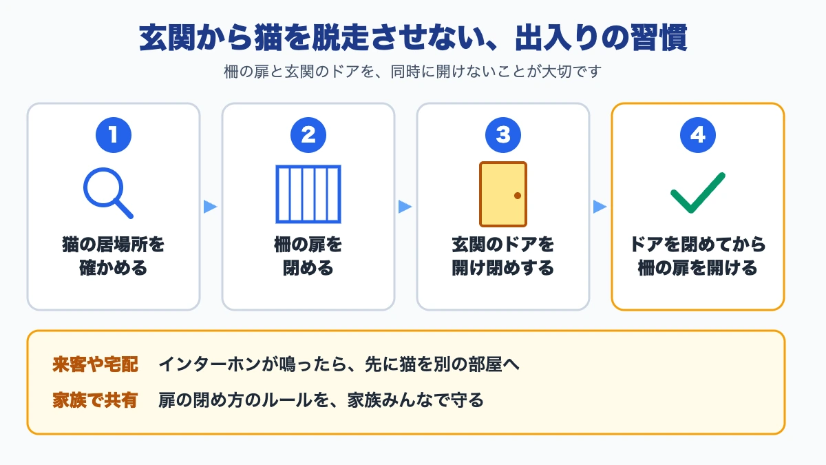 玄関での猫の脱走防止のために、ドアを開ける前に猫の居場所を確かめ、柵の扉を閉めてから玄関を開ける出入りの習慣を表した図