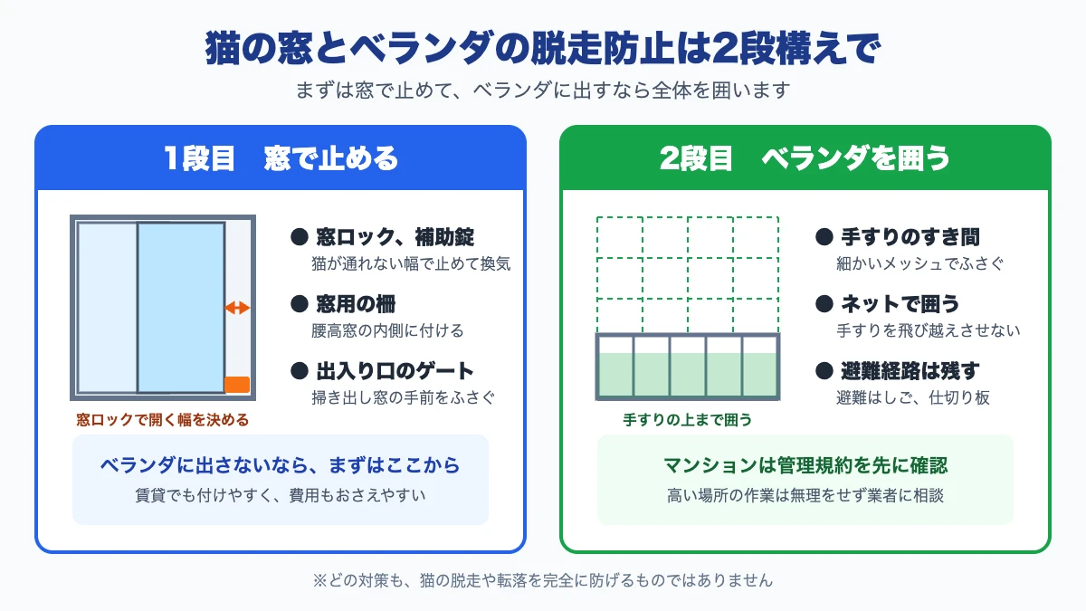猫の脱走防止を、窓で止める1段目と、ベランダを囲う2段目に分けて、窓ロックや窓用の柵、ベランダのネットなどの対策を表した図