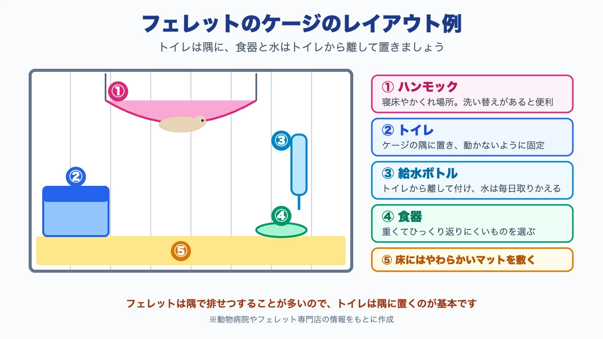 フェレットのケージのレイアウト例を、トイレは隅に固定、食器と給水ボトルはトイレから離す、ハンモックは寝床として付ける、床にはマットを敷くと表した図