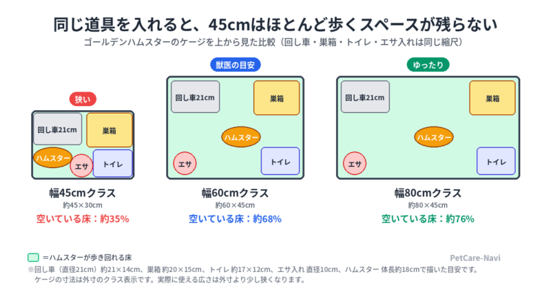 幅45cm・60cm・80cmのハムスターケージを上から見た比較図。回し車・巣箱・トイレを入れたときに残る床の広さの違い