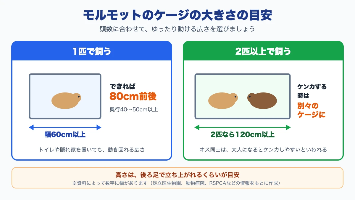 モルモットのケージの大きさの目安を、1匹なら幅60cm以上、できれば80cm前後、2匹以上ならさらに広く、高さは立ち上がれるくらいと表した図