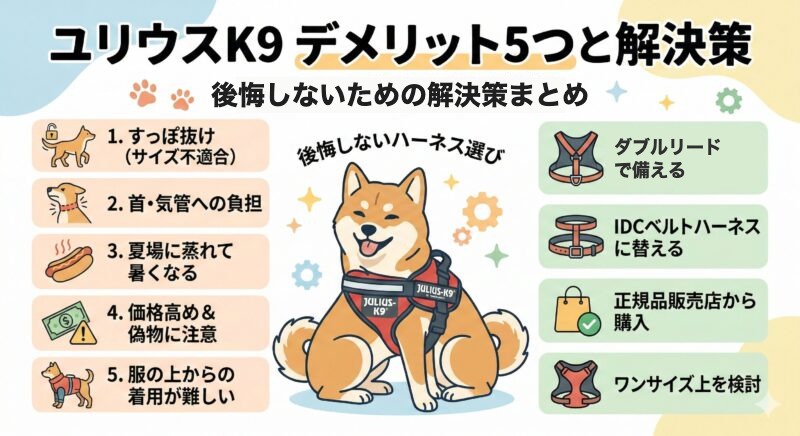 ユリウスK9 IDCパワーハーネスの5つのデメリット(すっぽ抜け、気管への負担、夏の蒸れ、価格・偽物、洋服サイズ不適合)と、それぞれの解決策(ダブルリード、ベルトハーネス、正規店購入、ワンサイズ上)を柴犬のイラストとともにまとめた図。