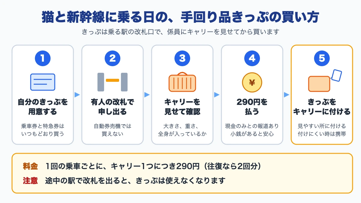 猫と新幹線に乗る時の手回り品きっぷの買い方を、乗車券の用意から、改札での確認、支払い、キャリーへの取り付けまで5つの手順で表した図